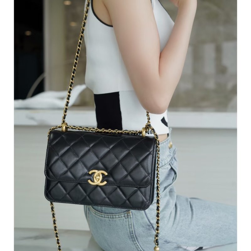 CHANEL 24C雙金球口蓋包 - 中號黑金-1