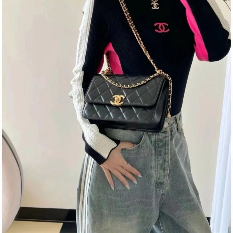 CHANEL 24C雙金球口蓋包 - 中號黑金-10