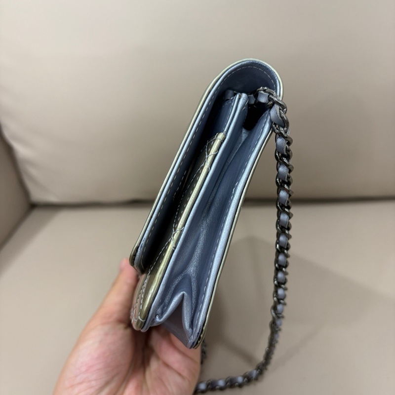 香奈兒 CHANEL leboy woc 漆皮銀扣鏈條包 經典菱格紋 底長19cm 原始成色-3