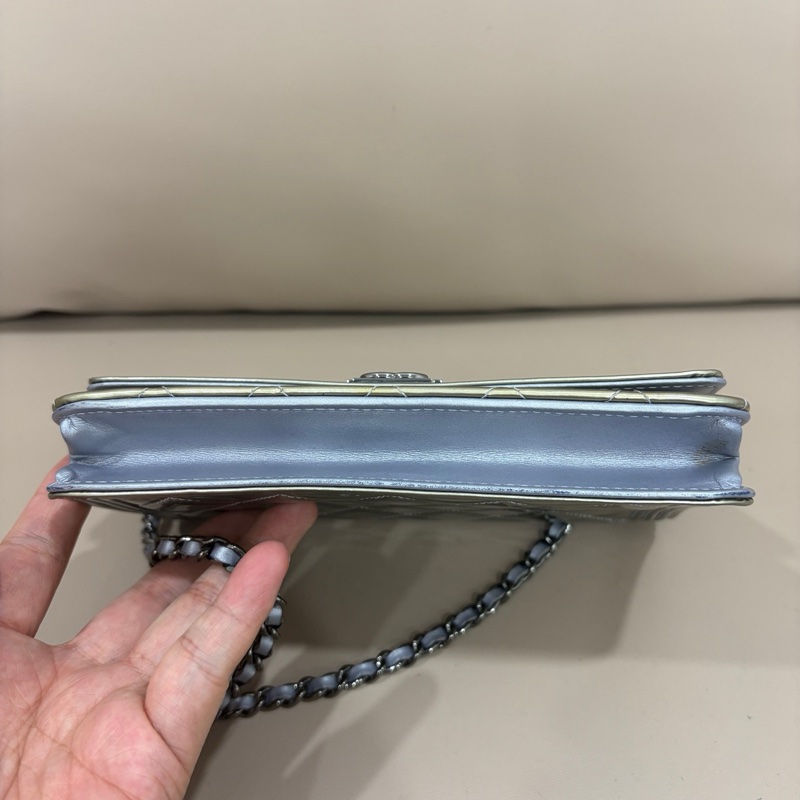 香奈兒 CHANEL leboy woc 漆皮銀扣鏈條包 經典菱格紋 底長19cm 原始成色-4