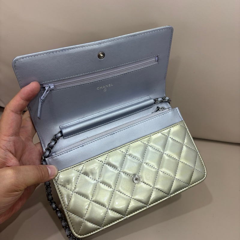 香奈兒 CHANEL leboy woc 漆皮銀扣鏈條包 經典菱格紋 底長19cm 原始成色-5