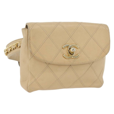 香奈兒腰包 羊皮 米色 金色 CC 標誌 Auth bs34038