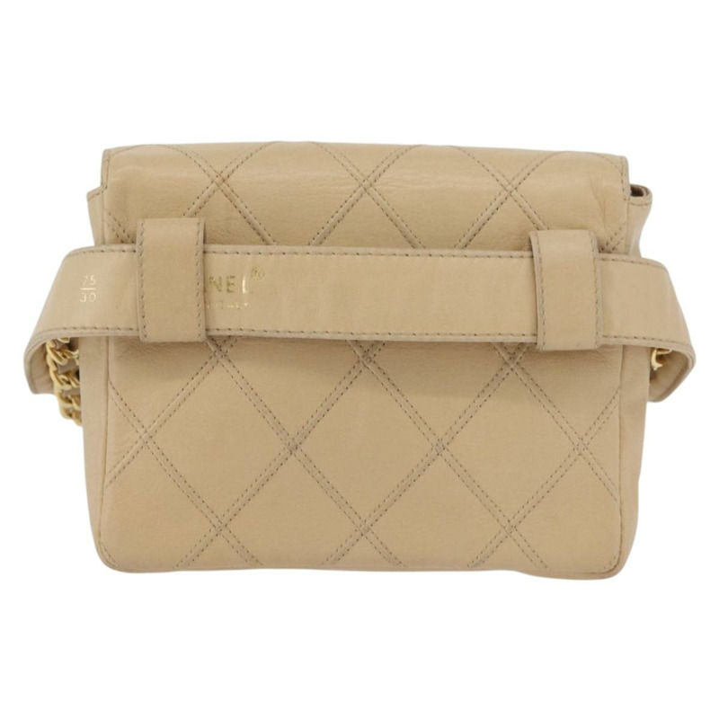 【日本直送】香奈兒腰包 羊皮 米色 金色 CC 標誌 Auth bs34038-1