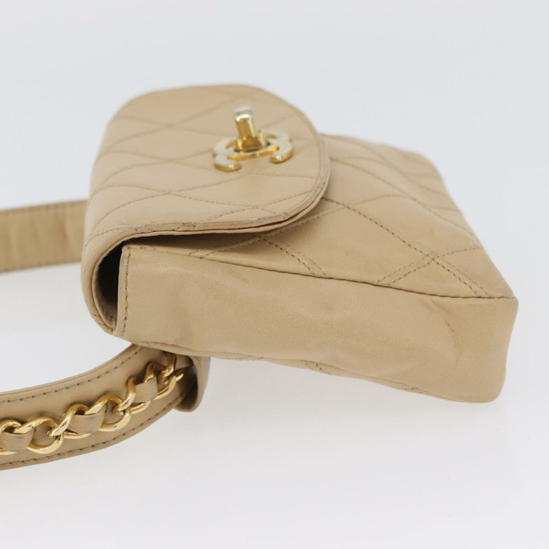 【日本直送】香奈兒腰包 羊皮 米色 金色 CC 標誌 Auth bs34038-3
