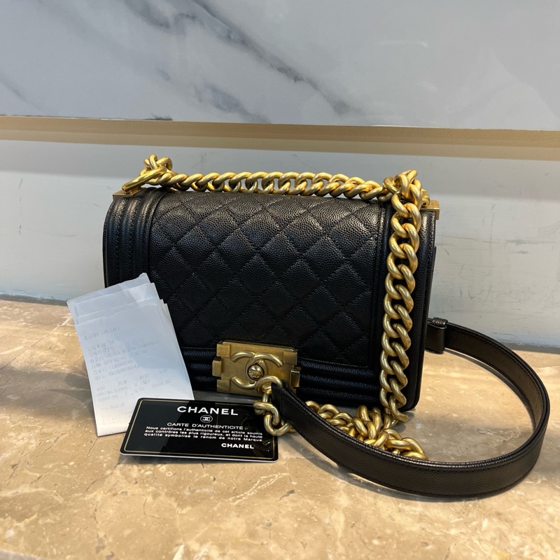 Chanel 香奈兒 leboy黑金小號 小牛皮單肩斜挎包 20*12*7 配件:票、卡-0