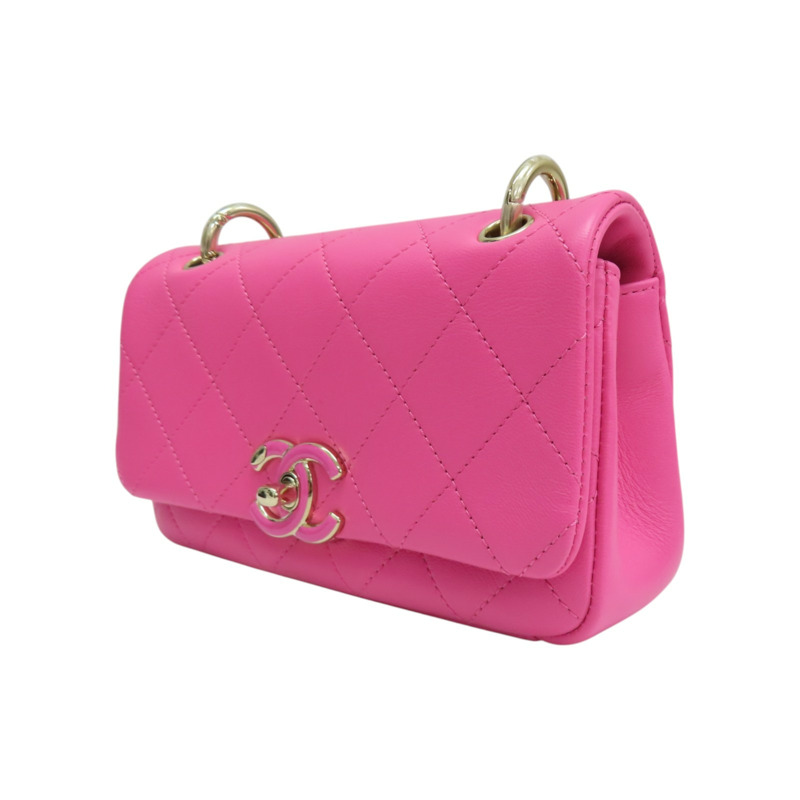 粉色 菱格紋羊皮 Twist Enamel Chain CC Flap 肩背包【CHANEL 香奈兒】-2