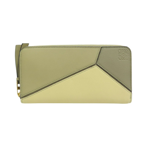綠米色 牛皮 拉鍊 長夾【LOEWE 羅威】