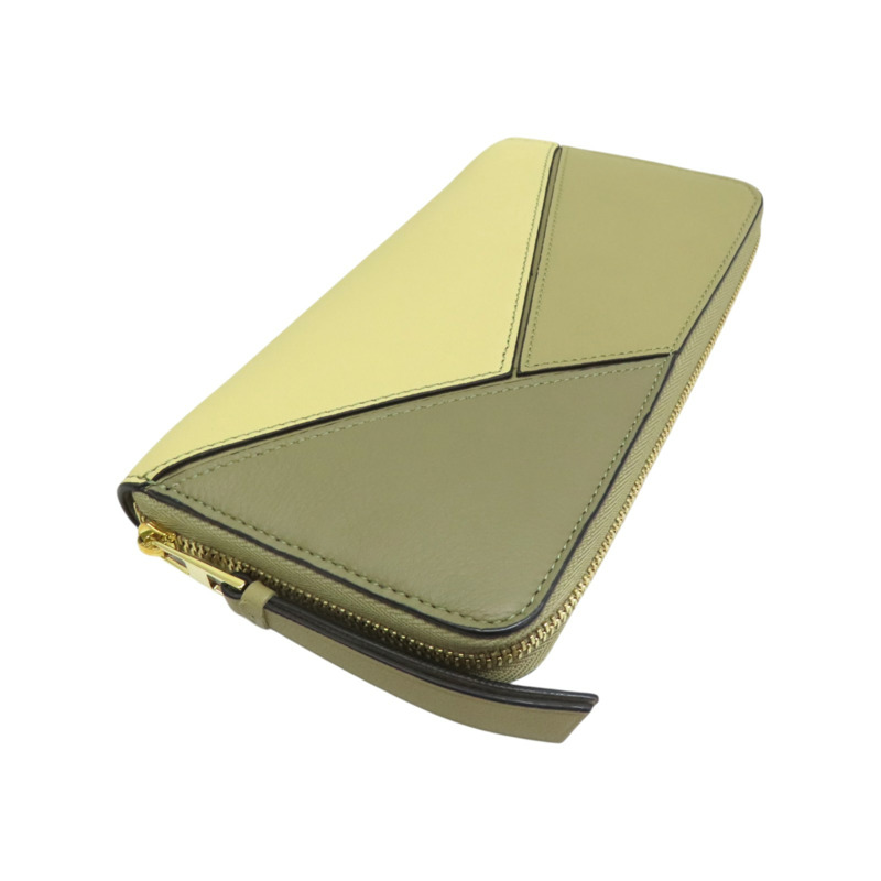 綠米色 牛皮 拉鍊 長夾【LOEWE 羅威】-3