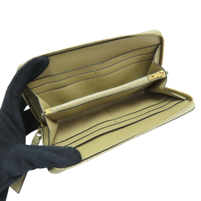綠米色 牛皮 拉鍊 長夾【LOEWE 羅威】-4