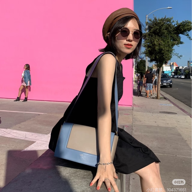 Celine frame 霧霾藍 拼灰色 豆腐包 肩背包 斜背包 側背包-9