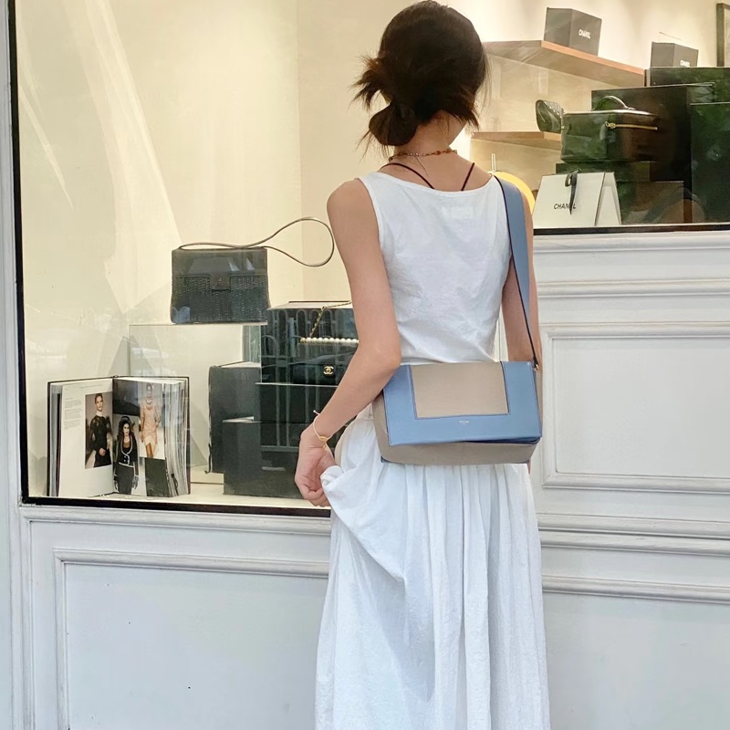 Celine frame 霧霾藍 拼灰色 豆腐包 肩背包 斜背包 側背包-14