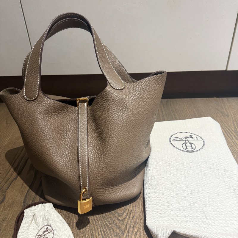 hermes愛瑪仕 經典Picotin Lock金釦手提水桶包(大象灰)-7