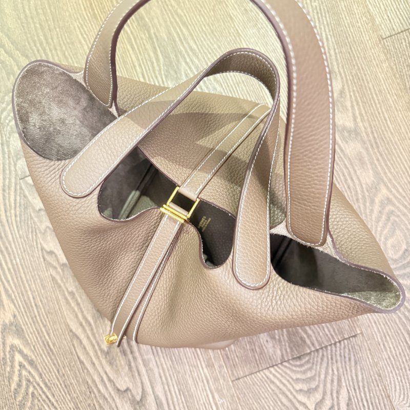 hermes愛瑪仕 經典Picotin Lock金釦手提水桶包(大象灰)-10