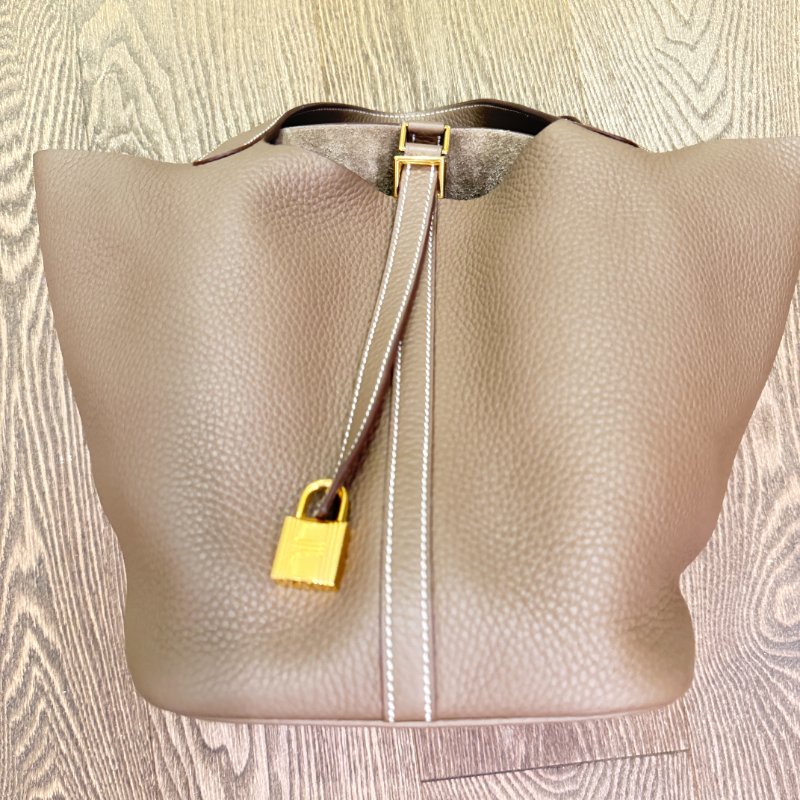 hermes愛瑪仕 經典Picotin Lock金釦手提水桶包(大象灰)-11