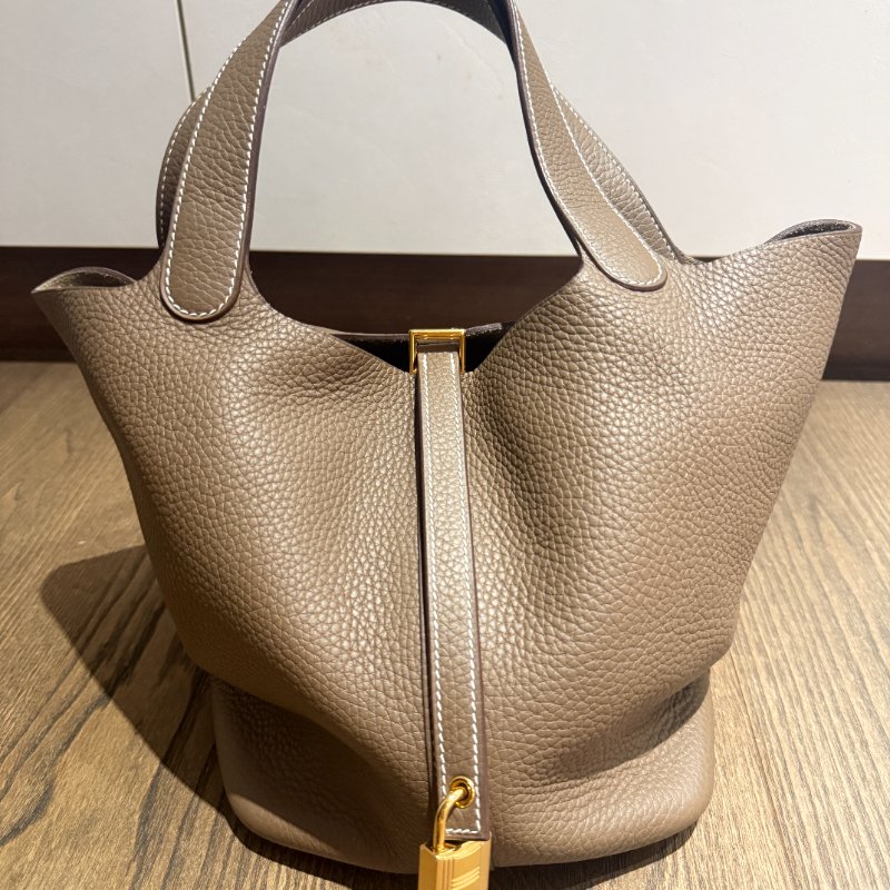 hermes愛瑪仕 經典Picotin Lock金釦手提水桶包(大象灰)-12