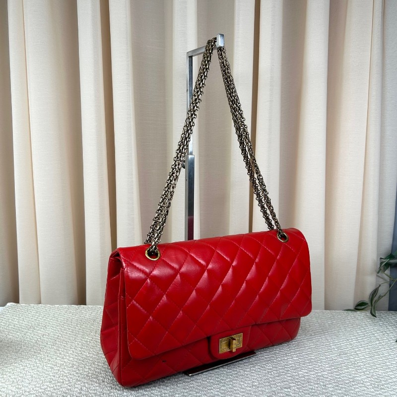 香奈兒Chanel 2.55 紅色 菱格紋羊皮 雙蓋 金色鏈條包 可單肩可斜挎 容量大 實用性強 日常通勤百搭-2