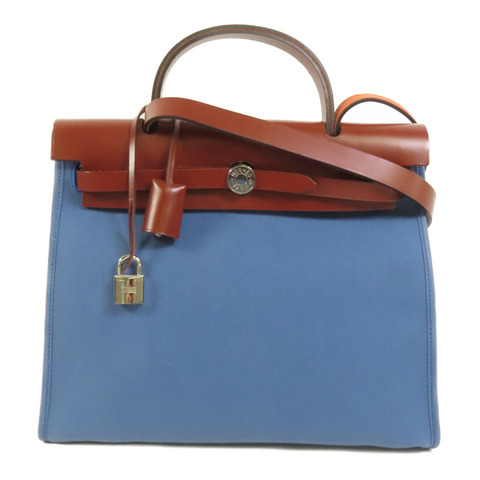 HERMES 帆布Herbag PM銀扣手挽肩背兩用袋Blue Tempete