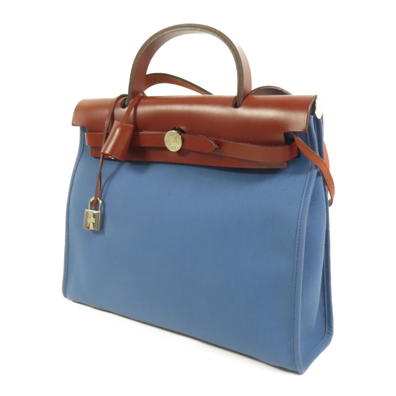 HERMES 帆布Herbag PM銀扣手挽肩背兩用袋Blue Tempete-2
