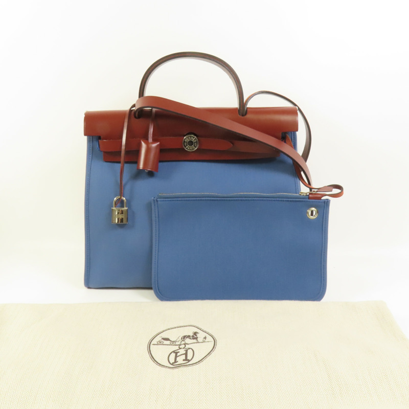 HERMES 帆布Herbag PM銀扣手挽肩背兩用袋Blue Tempete-11
