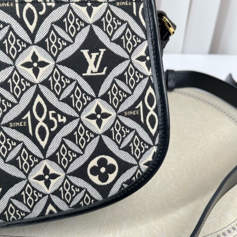 LV路易威登 1854系列SAUMUR限量馬鞍包 金鎖鎖頭包郵差包單肩斜挎包 黑色光面牛皮拼接刺繡 經典復古印花 包型立挺-7