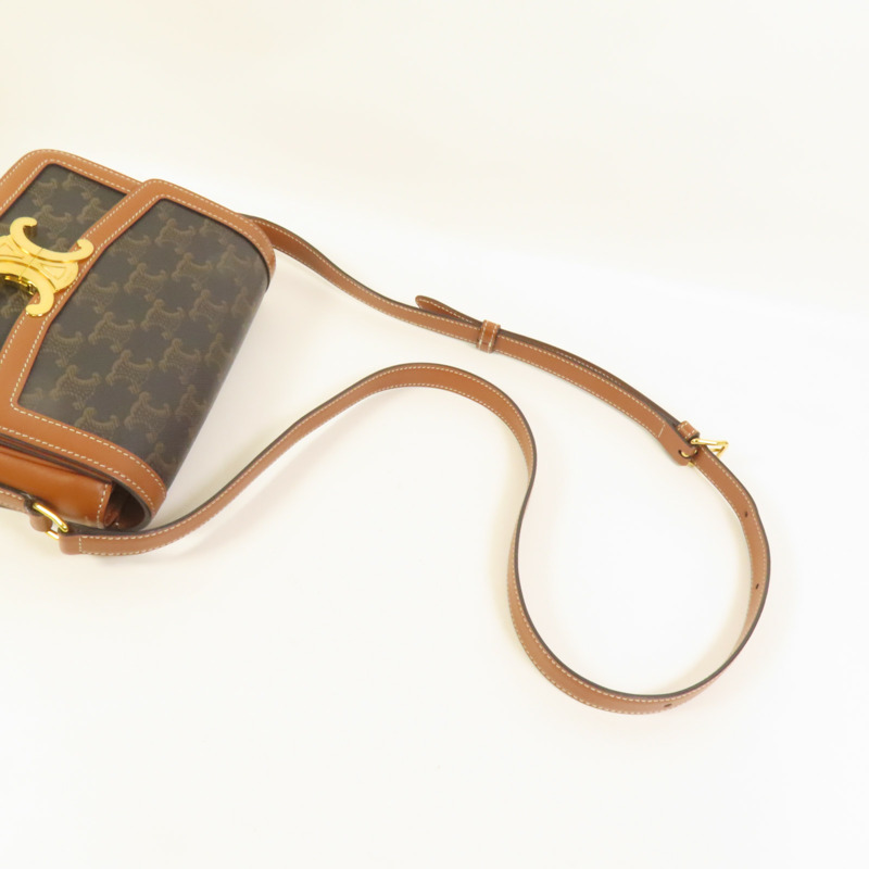 CELINE 塗層帆布/牛皮皮革Teen Triomphe金扣肩背袋-4