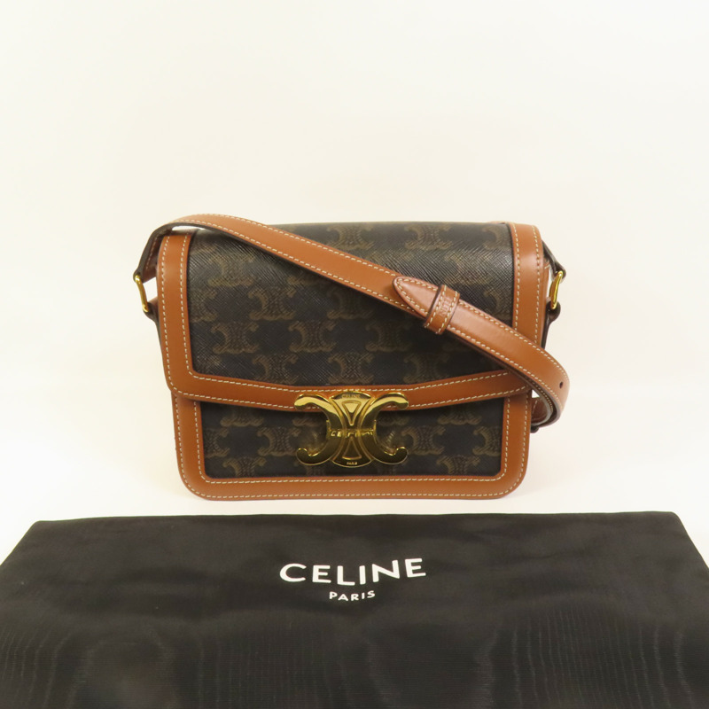 CELINE 塗層帆布/牛皮皮革Teen Triomphe金扣肩背袋-8