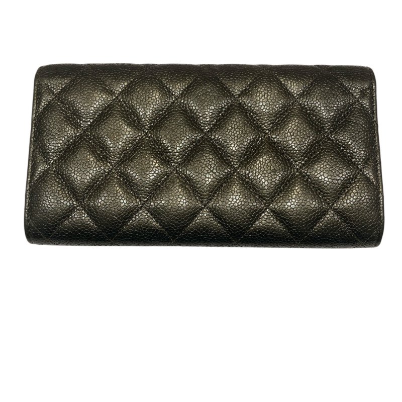 CHANEL 香奈兒 MATELASSE 口蓋長夾 荔枝皮 金屬綠 銀釦 菱格-2