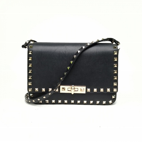 VALENTINO 黑色牛皮淺金扣鉚釘郵差包斜挎包小號