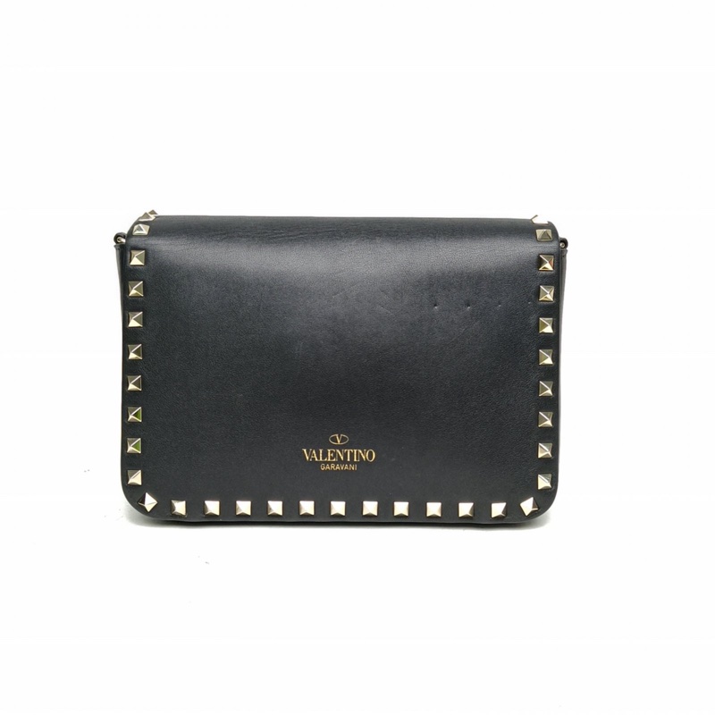 VALENTINO 黑色牛皮淺金扣鉚釘郵差包斜挎包小號-2