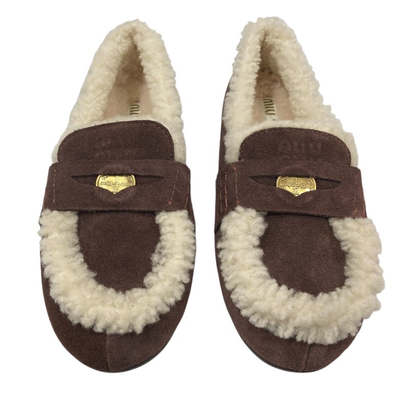 MIU MIU 穆穆 2024 秋冬 樂福鞋 平底鞋 麂皮 羊毛 巧克力色 金釦-0