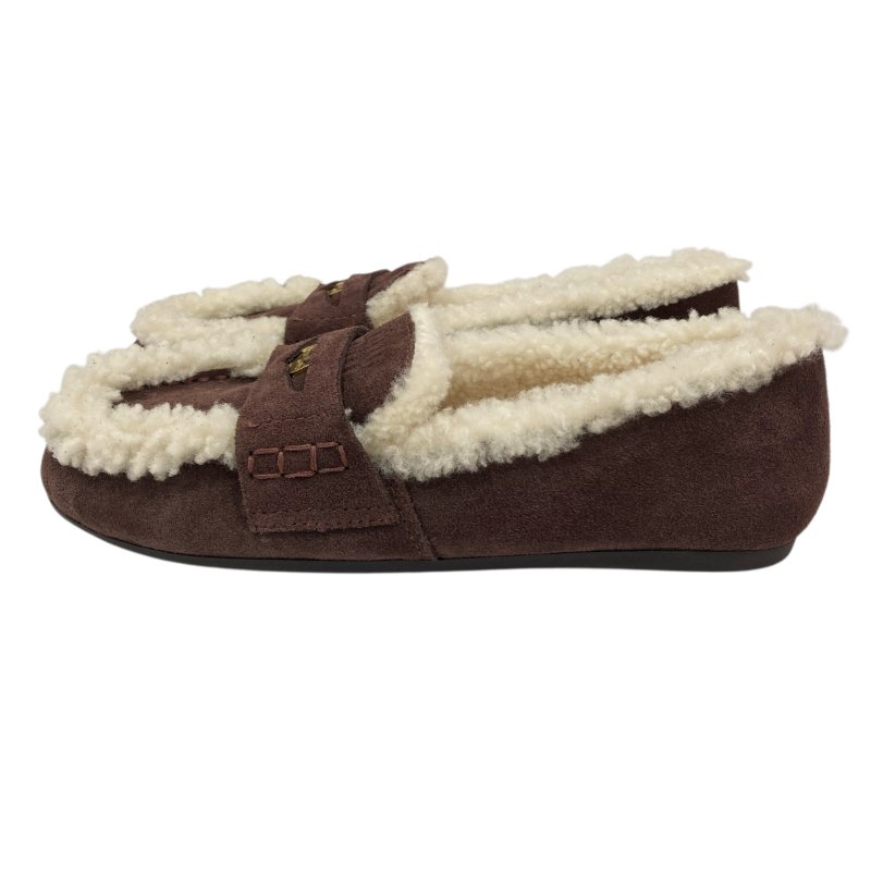 MIU MIU 穆穆 2024 秋冬 樂福鞋 平底鞋 麂皮 羊毛 巧克力色 金釦-1