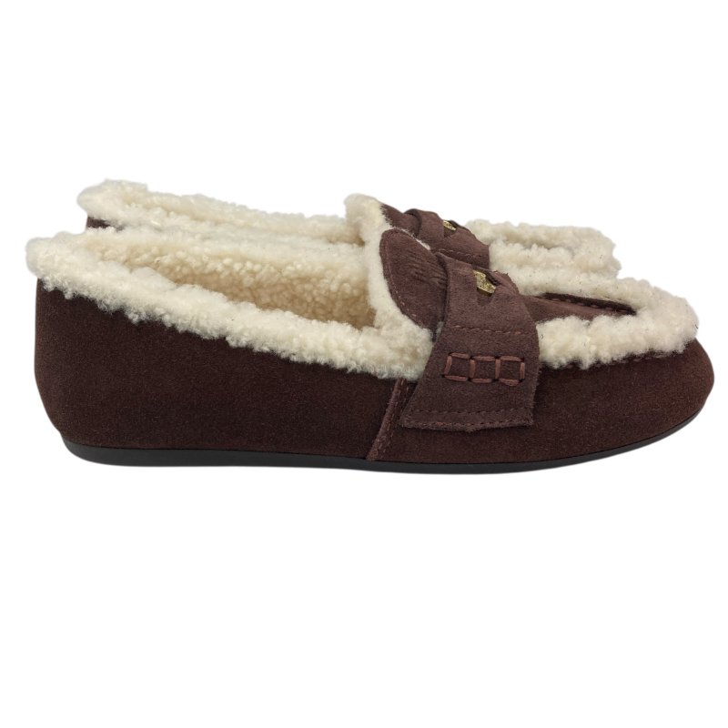 MIU MIU 穆穆 2024 秋冬 樂福鞋 平底鞋 麂皮 羊毛 巧克力色 金釦-2