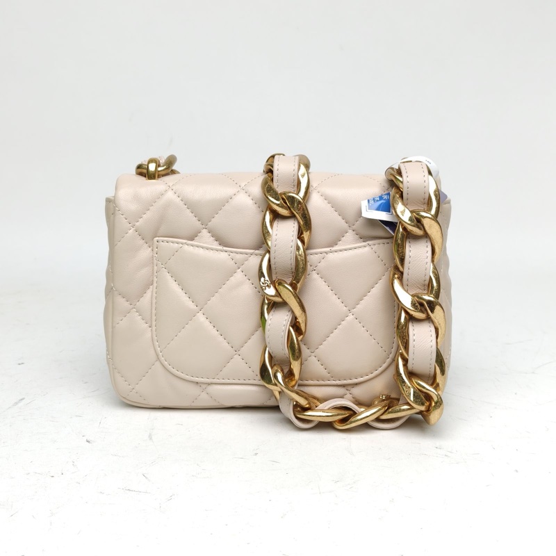 CHANEL 22P粗鏈條單肩包小號裸色羊皮晶片金扣-2