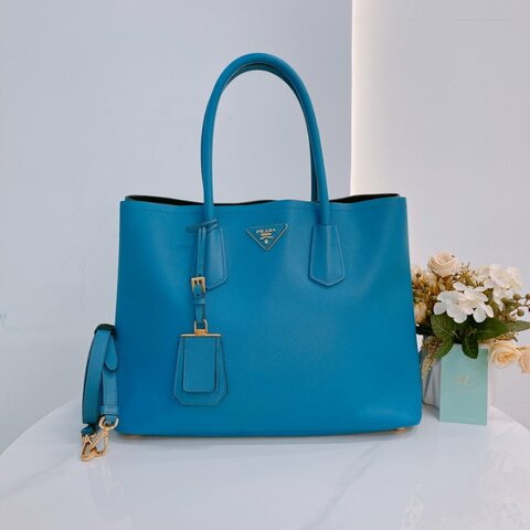 MS0605 Prada 普拉達 十字紋牛皮 殺手包 藍色 金扣 手提包 肩背包 單肩 斜背 Saffiano Double Bag Calfskin Blue x GHW