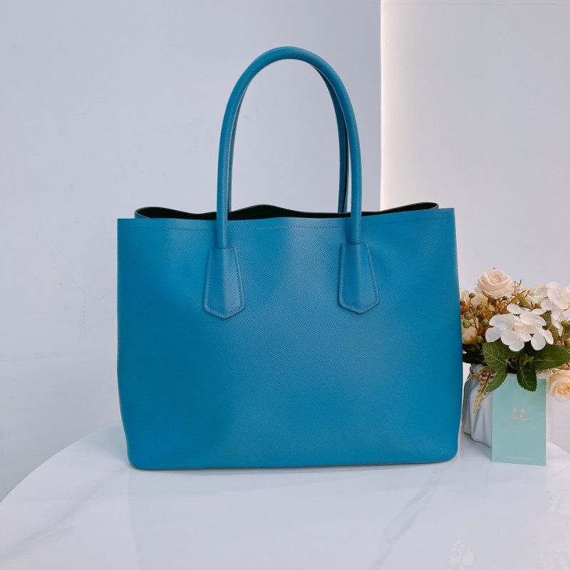 MS0605 Prada 普拉達 十字紋牛皮 殺手包 藍色 金扣 手提包 肩背包 單肩 斜背 Saffiano Double Bag Calfskin Blue x GHW-1