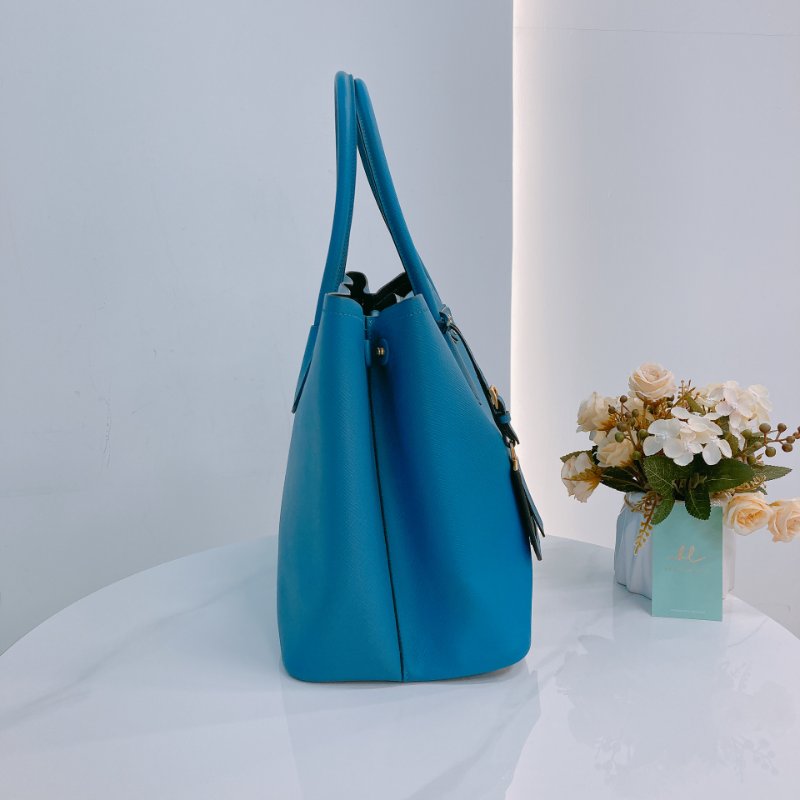 MS0605 Prada 普拉達 十字紋牛皮 殺手包 藍色 金扣 手提包 肩背包 單肩 斜背 Saffiano Double Bag Calfskin Blue x GHW-2