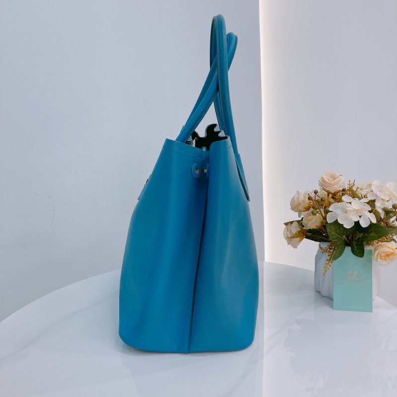 MS0605 Prada 普拉達 十字紋牛皮 殺手包 藍色 金扣 手提包 肩背包 單肩 斜背 Saffiano Double Bag Calfskin Blue x GHW-3