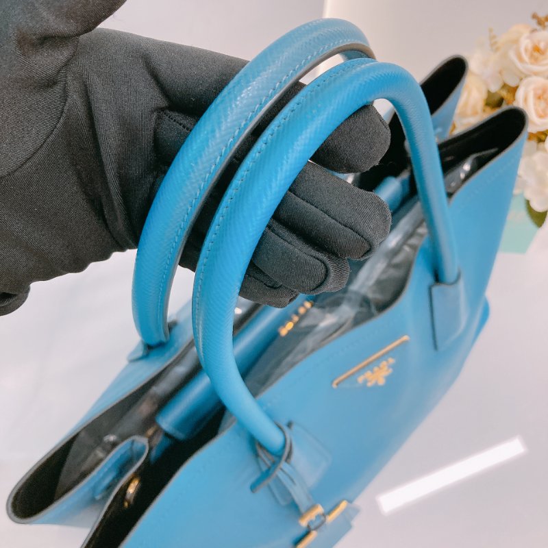 MS0605 Prada 普拉達 十字紋牛皮 殺手包 藍色 金扣 手提包 肩背包 單肩 斜背 Saffiano Double Bag Calfskin Blue x GHW-10