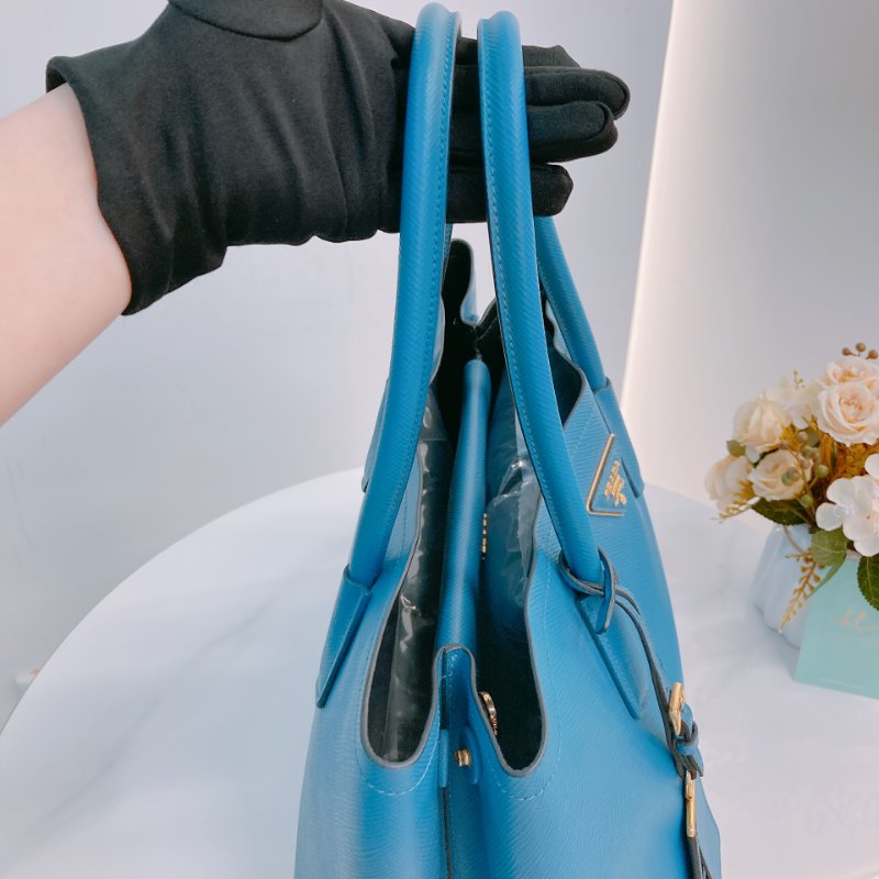 MS0605 Prada 普拉達 十字紋牛皮 殺手包 藍色 金扣 手提包 肩背包 單肩 斜背 Saffiano Double Bag Calfskin Blue x GHW-11