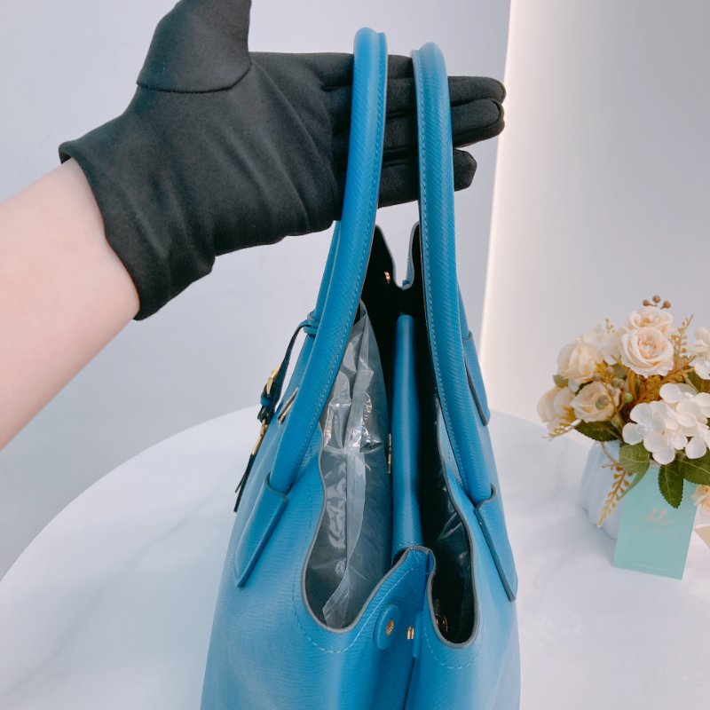 MS0605 Prada 普拉達 十字紋牛皮 殺手包 藍色 金扣 手提包 肩背包 單肩 斜背 Saffiano Double Bag Calfskin Blue x GHW-12