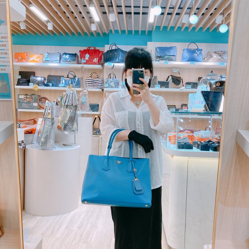 MS0605 Prada 普拉達 十字紋牛皮 殺手包 藍色 金扣 手提包 肩背包 單肩 斜背 Saffiano Double Bag Calfskin Blue x GHW-21