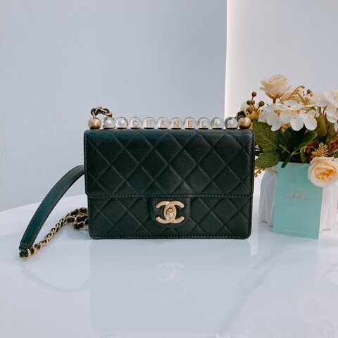 MS0606 Chanel 香奈兒 透明珍珠 標誌 翻蓋 鏈條 斜背包 腋下包 Chic Acrylic Pearl Flap 19cm Calfskin Black x GHW