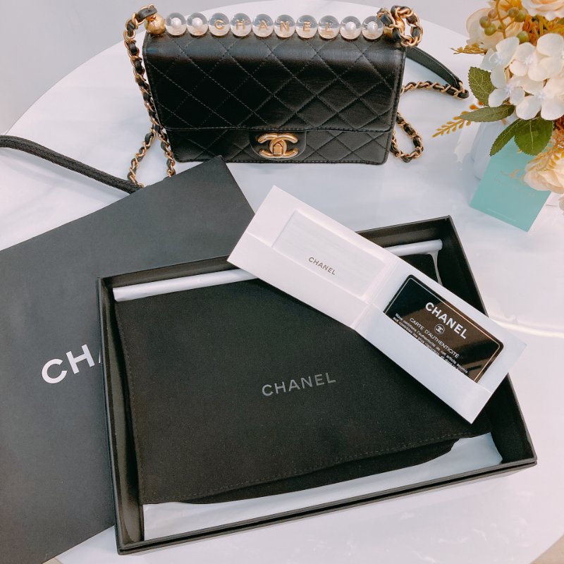 MS0606 Chanel 香奈兒 透明珍珠 標誌 翻蓋 鏈條 斜背包 腋下包 Chic Acrylic Pearl Flap 19cm Calfskin Black x GHW-25