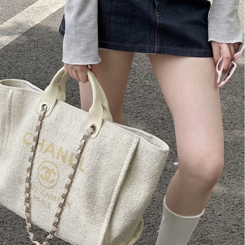 香奈兒/Chanel  米色金絲編織沙灘包 28開  尺寸 39×31×20 慵懶渡假風-0