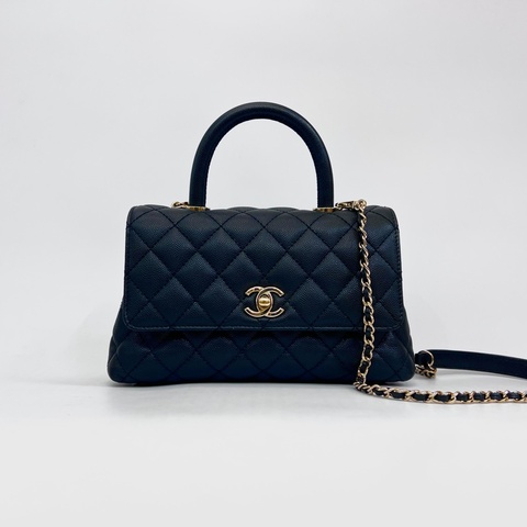 Chanel 黑荔枝牛皮金釦coco handle 24手提肩斜背包