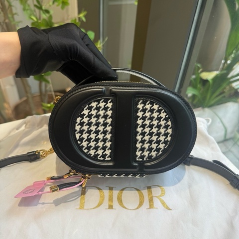 迪奧dior Signature 黑白千鳥格紋 豬鼻子 帆布拼皮 相機包