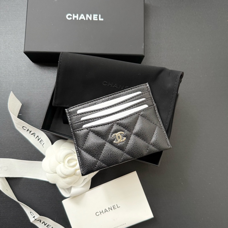Chanel 黑色荔枝牛皮 淡金釦卡夾 card holder-4