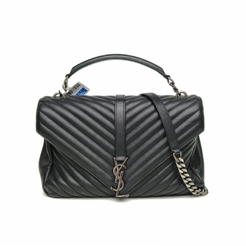 SAINT LAURENT College郵差包大號黑色牛皮銀扣