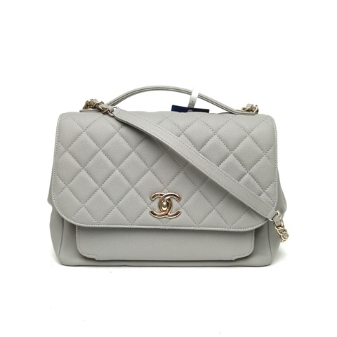 CHANEL Affinity口蓋郵差包大號灰色荔枝牛皮28開金扣