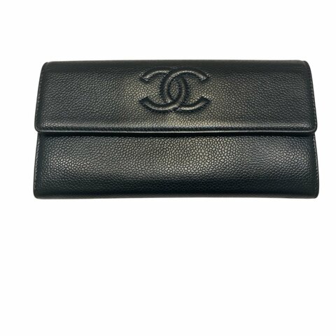 CHANEL 香奈兒 雙C LOGO口蓋長夾 荔枝皮 深藍 銀釦